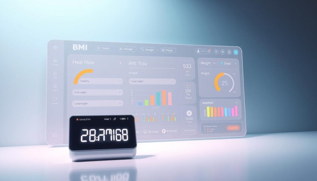 A high-tech BMI index calculator dashboard with a sleek, modern interface. In the foreground, a large, easy-to-read display shows the calculated BMI value, accompanied by visual indicators and color coding to convey healthy, overweight, or underweight ranges. In the middle ground, various input fields allow the user to enter their height and weight, with intuitive icons and labels. The background features a minimalist, gradient-based design, creating a sense of depth and visual harmony. Soft, directional lighting illuminates the scene, casting subtle shadows and highlights to enhance the sense of three-dimensionality. The overall aesthetic is clean, approachable, and designed to provide a seamless and informative user experience for checking one's body mass index.