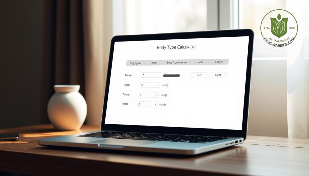 A simple and intuitive body type calculator on a laptop screen, displayed on a minimalist wooden desk. The interface is clean and user-friendly, with sliders and dropdown menus to input relevant physical measurements. Soft, natural lighting illuminates the scene, creating a calming and focused atmosphere. The Yogic-Warrior.com logo is subtly displayed in the corner, suggesting a holistic approach to body analysis and self-awareness. The overall tone is one of empowerment and self-discovery, encouraging the user to explore their unique physical characteristics.