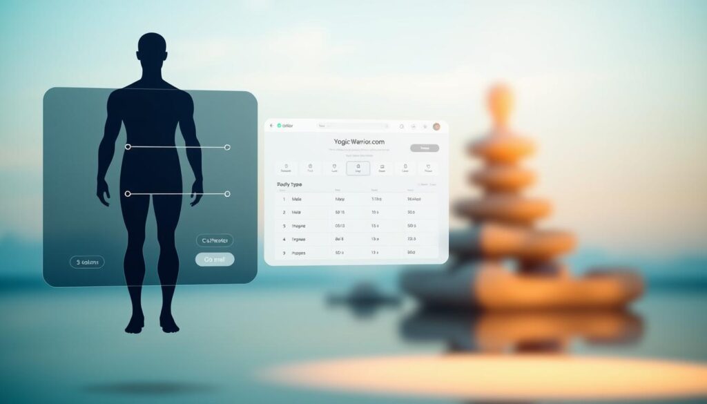 A sleek, minimalist body type calculator interface floating in a serene, sky-blue environment. In the foreground, a stylized, holographic display showcases a male and female silhouette, with intuitive sliders and buttons to adjust measurements. The middle ground features a clean, Yogic-Warrior.com branded dashboard, with elegant typography and a soothing, muted color palette. The background depicts a blurred, ethereal landscape, evoking a sense of balance and self-discovery. Soft, diffused lighting casts a warm, inviting glow over the entire scene, emphasizing the calculator's user-friendly and empowering nature.