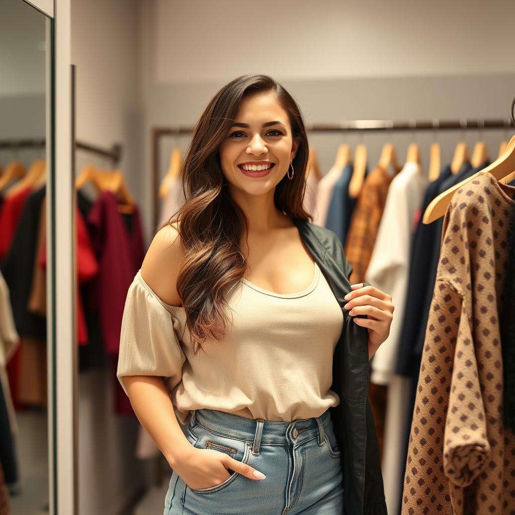 Woman confidently trying on clothes that flatter her body shape